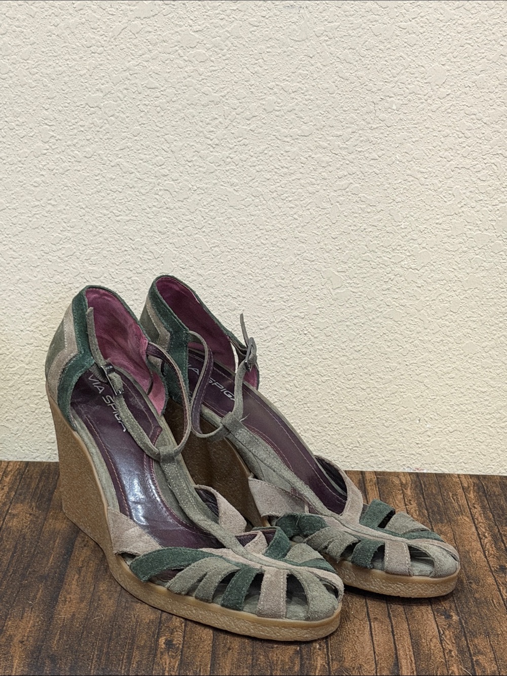 Via Spiga Green and Taupe Suede T-Strap Wedge Sandal